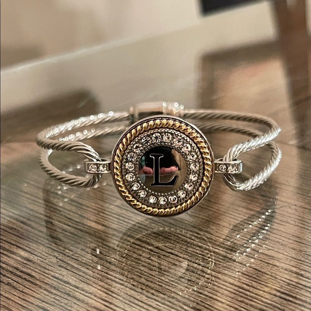 Two-tone Initial "L" Cable Bracelet with Rhinestone Accents Magnetic Closure